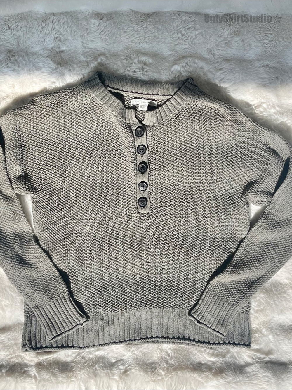 American Eagle Grey Textured Henley Sweater Grandpa Sweater Indie Sleaze EUC